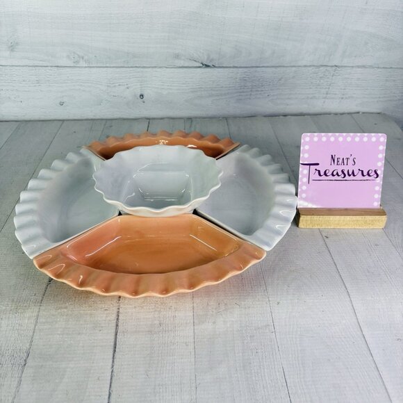 MCM California Pottery USA 224 Lazy Susan Peach White 5 Piece Serving Dish Set - Picture 1 of 16